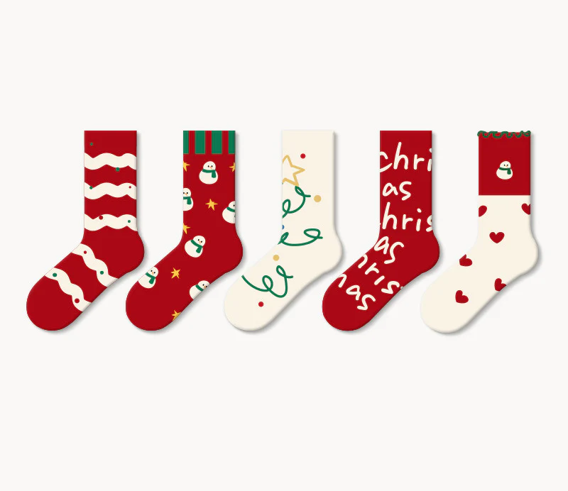 5 Pack Cute Cartoon Couples Crew Knee High Christmas Socks