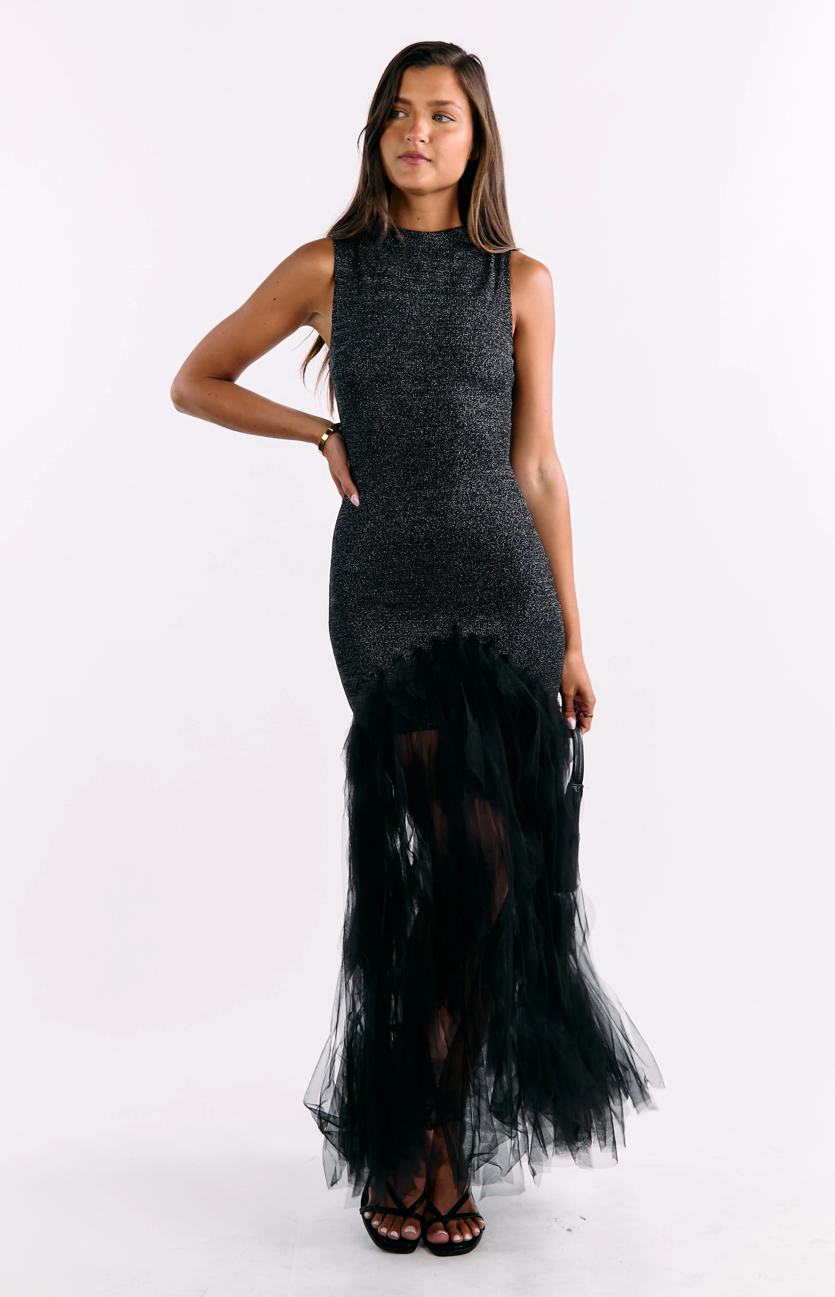 Courtni Black Sequin Ruffle Maxi Dress