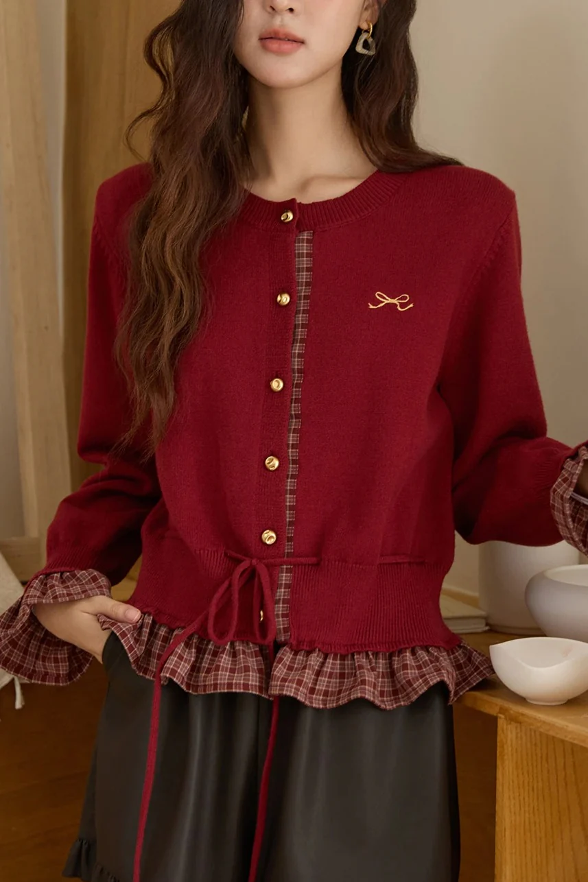 Plaid Patchwork O Neck Christmas Cardigan