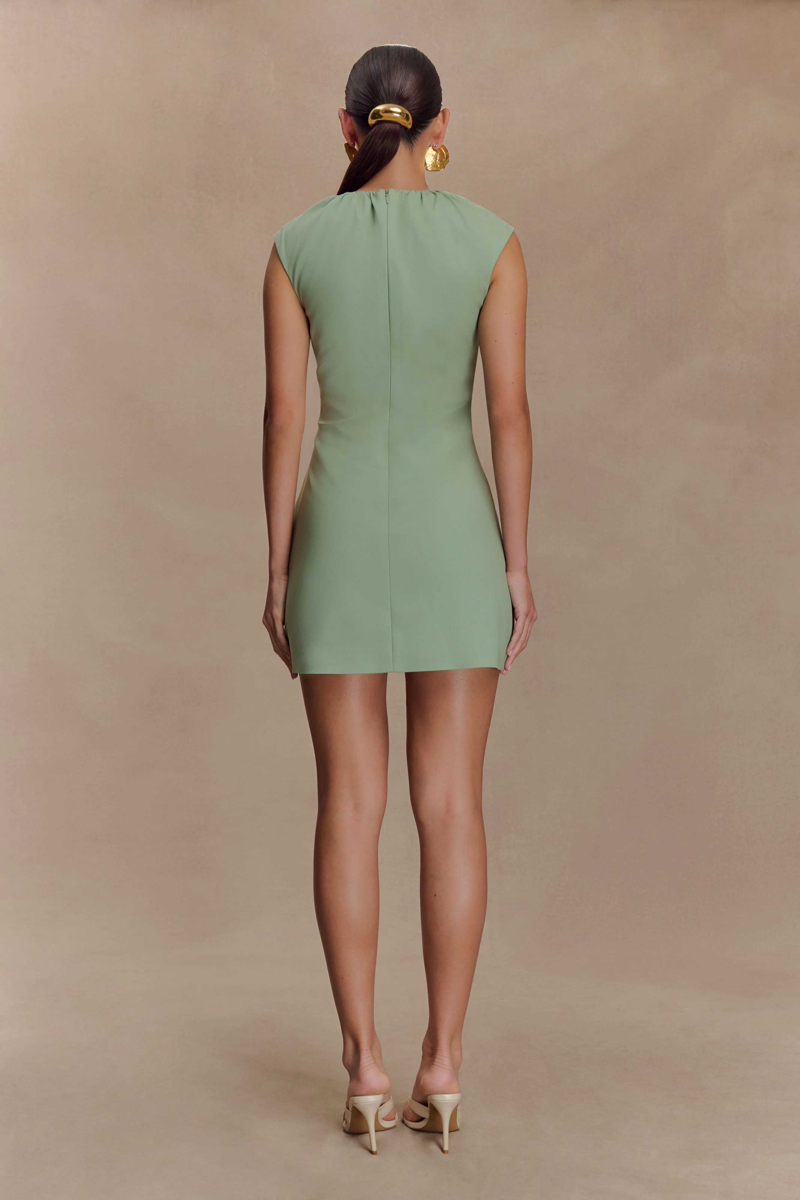 Ariana Pleated Neck Mini Dress - Sage