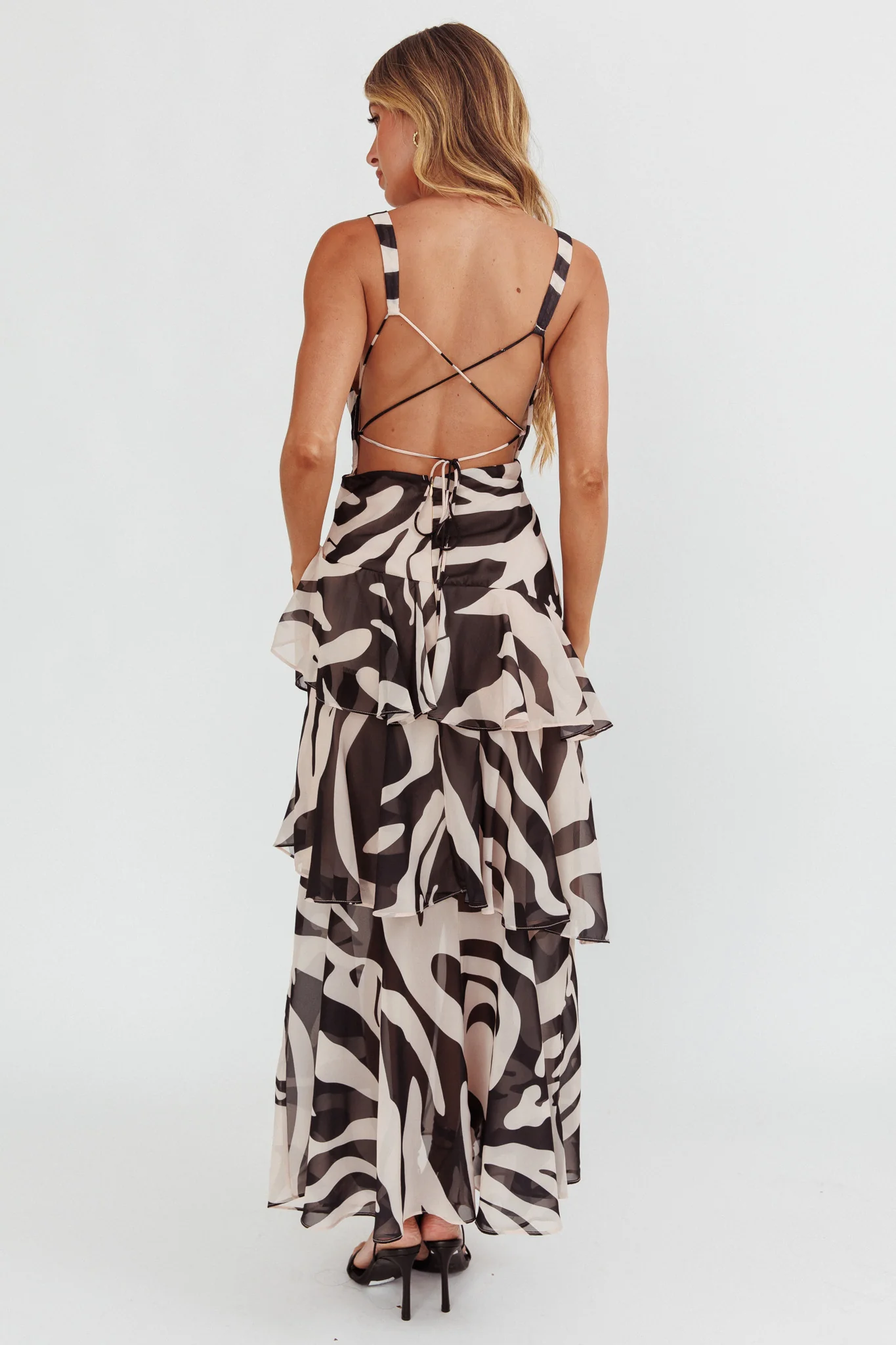 Veda Strappy Back Ruffle Maxi Dress Print Black