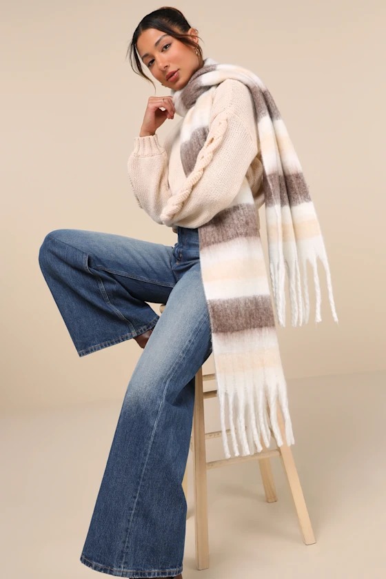 Alpine Attitude Ivory Striped Oversized Scarf