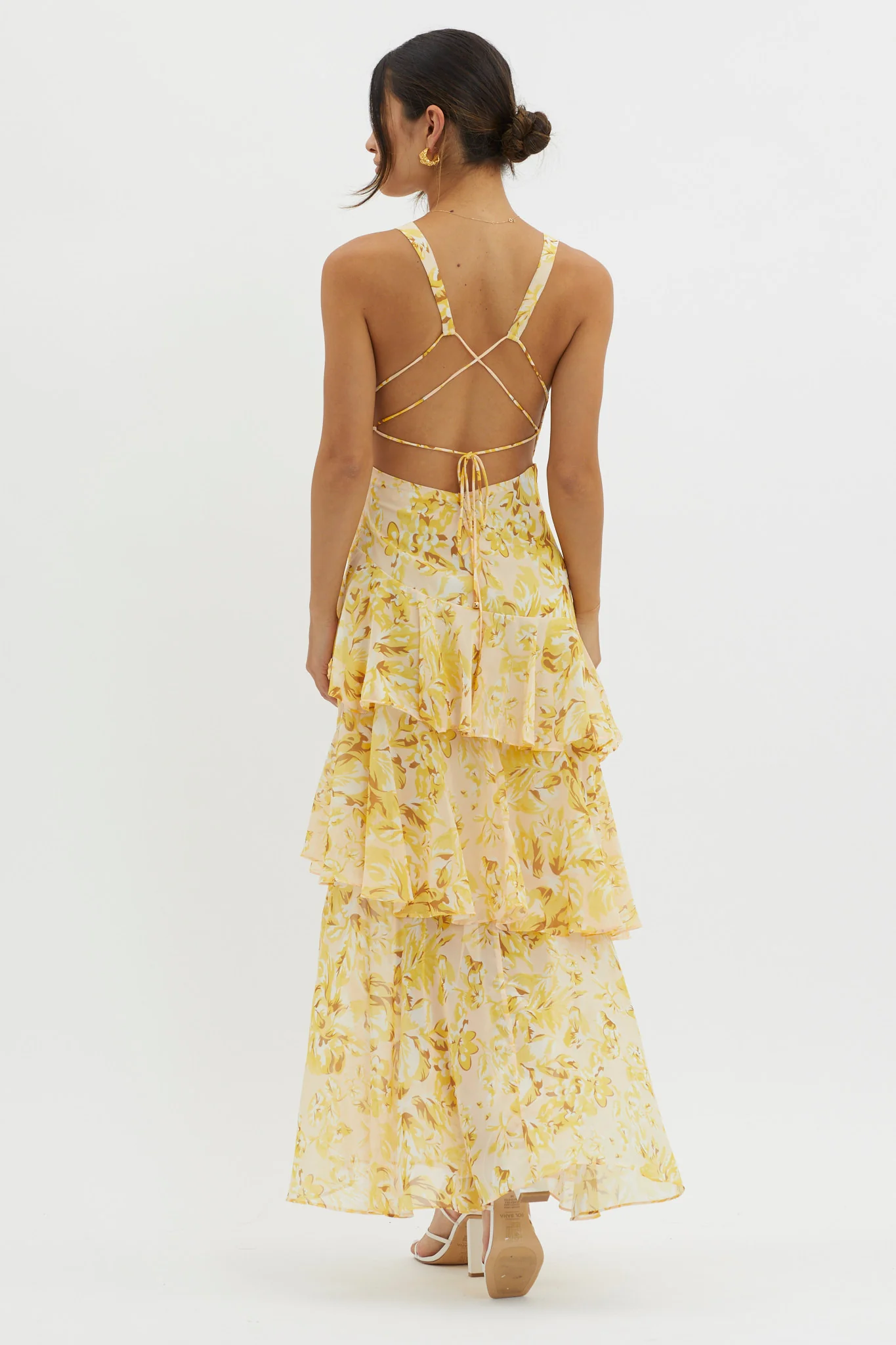 Veda Strappy Back Ruffle Midi Dress Floral Yellow