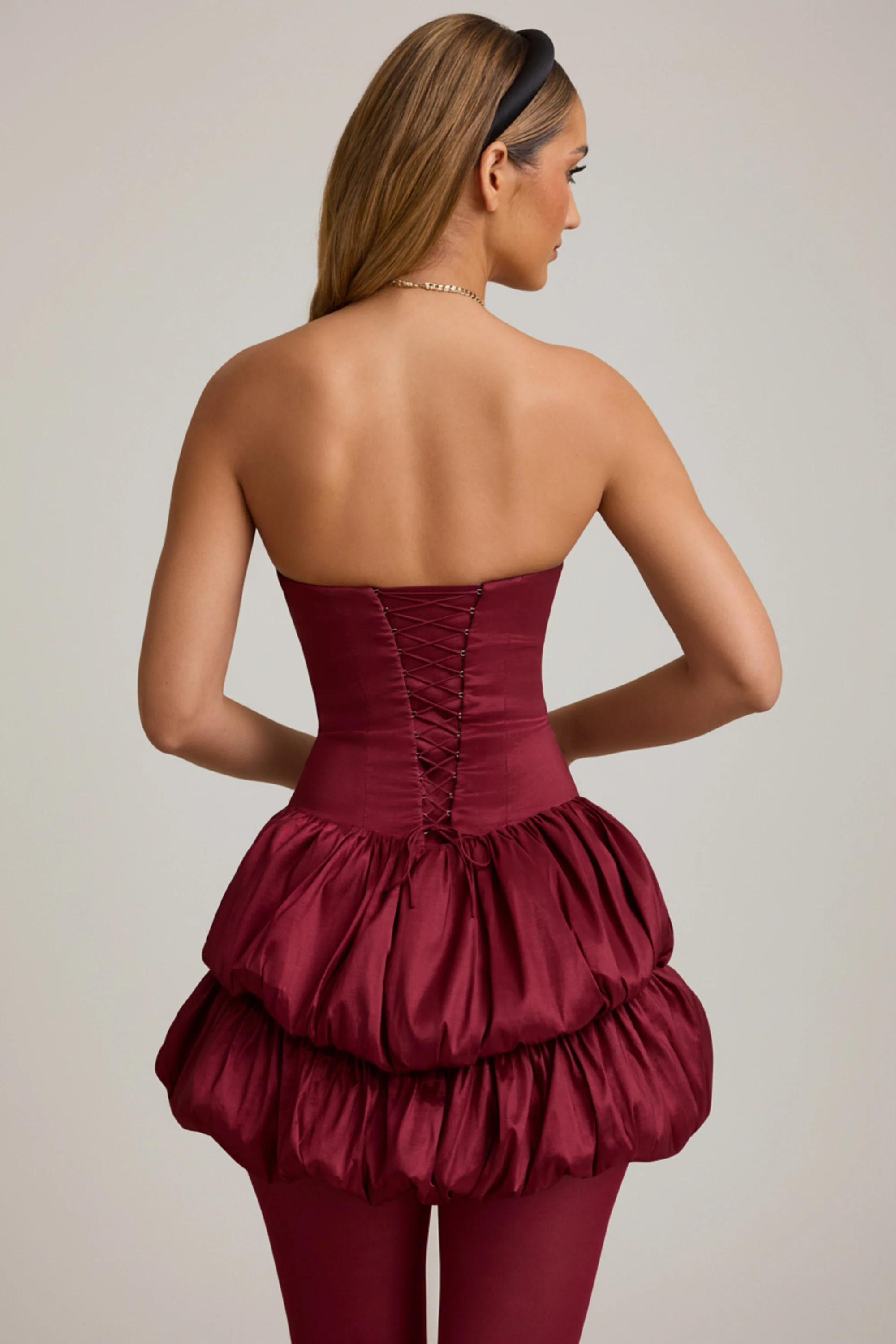 Layered Bubble Hem Corset Mini Dress in Wine Red