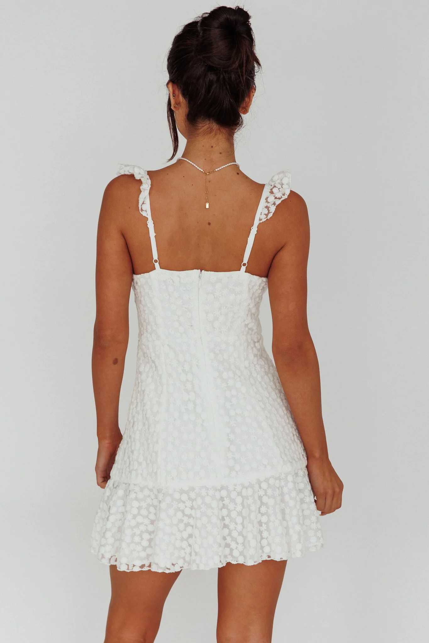 Shenay Ruffle Strap Embroidered Mini Dress White