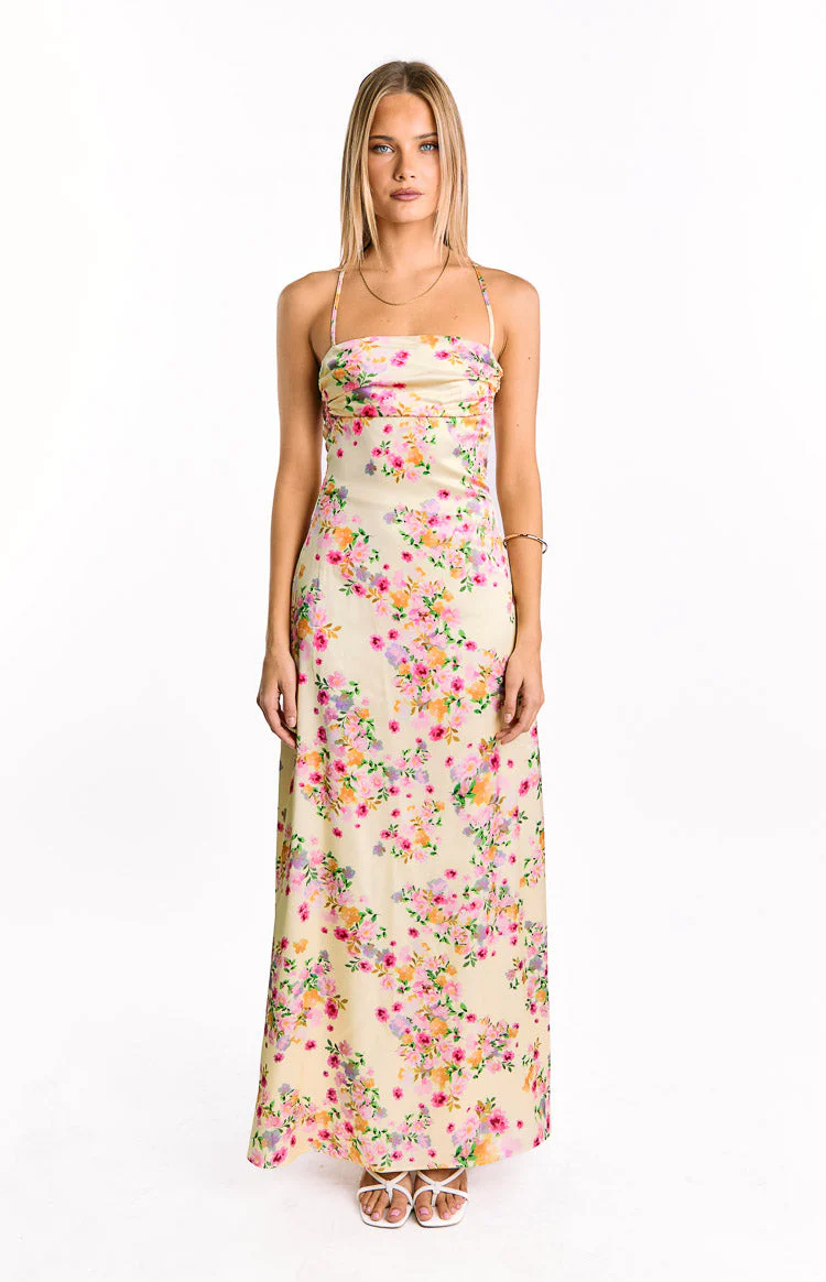 Blaise Yellow Bloom Satin Maxi Dress
