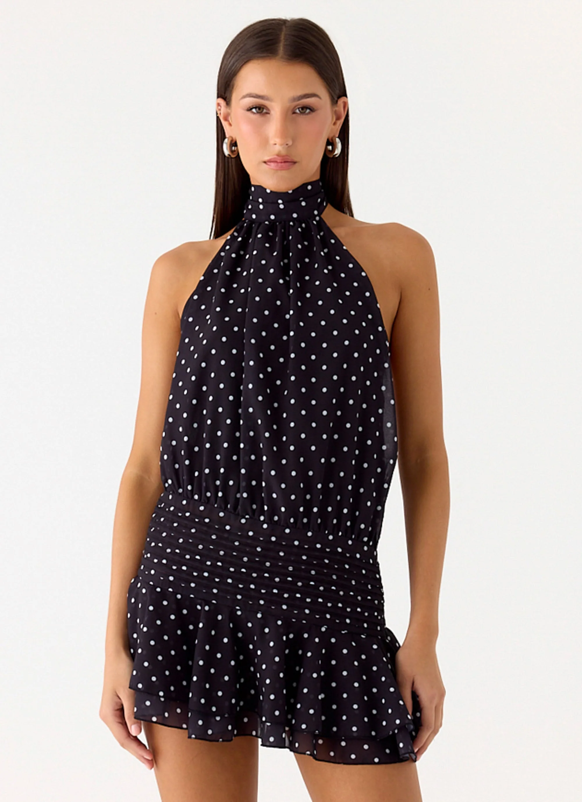 Willow Chiffon Mini Dress - Black Polkadot