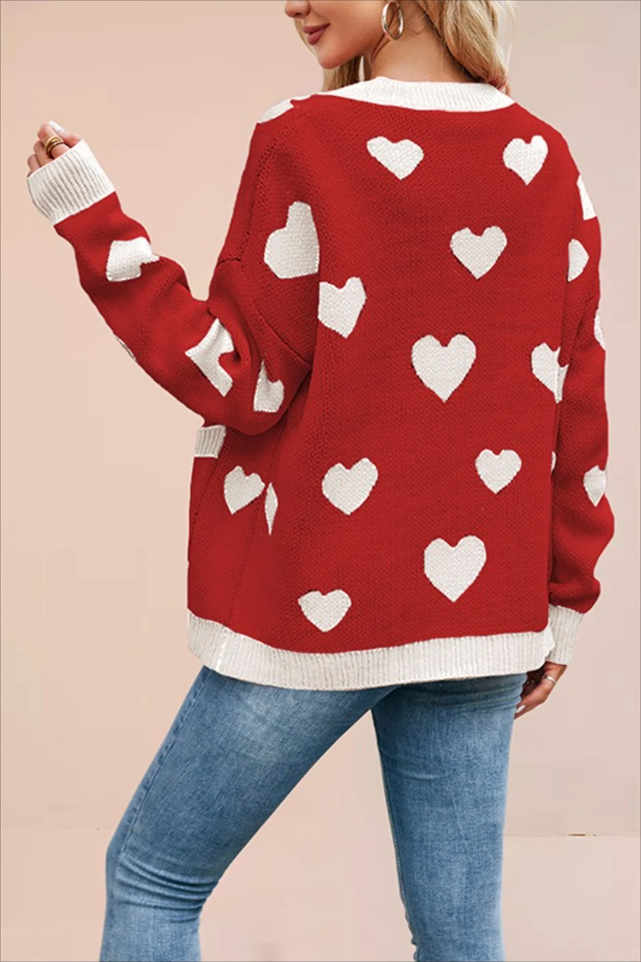 Heart Pocket V Neck Christmas Cardigan