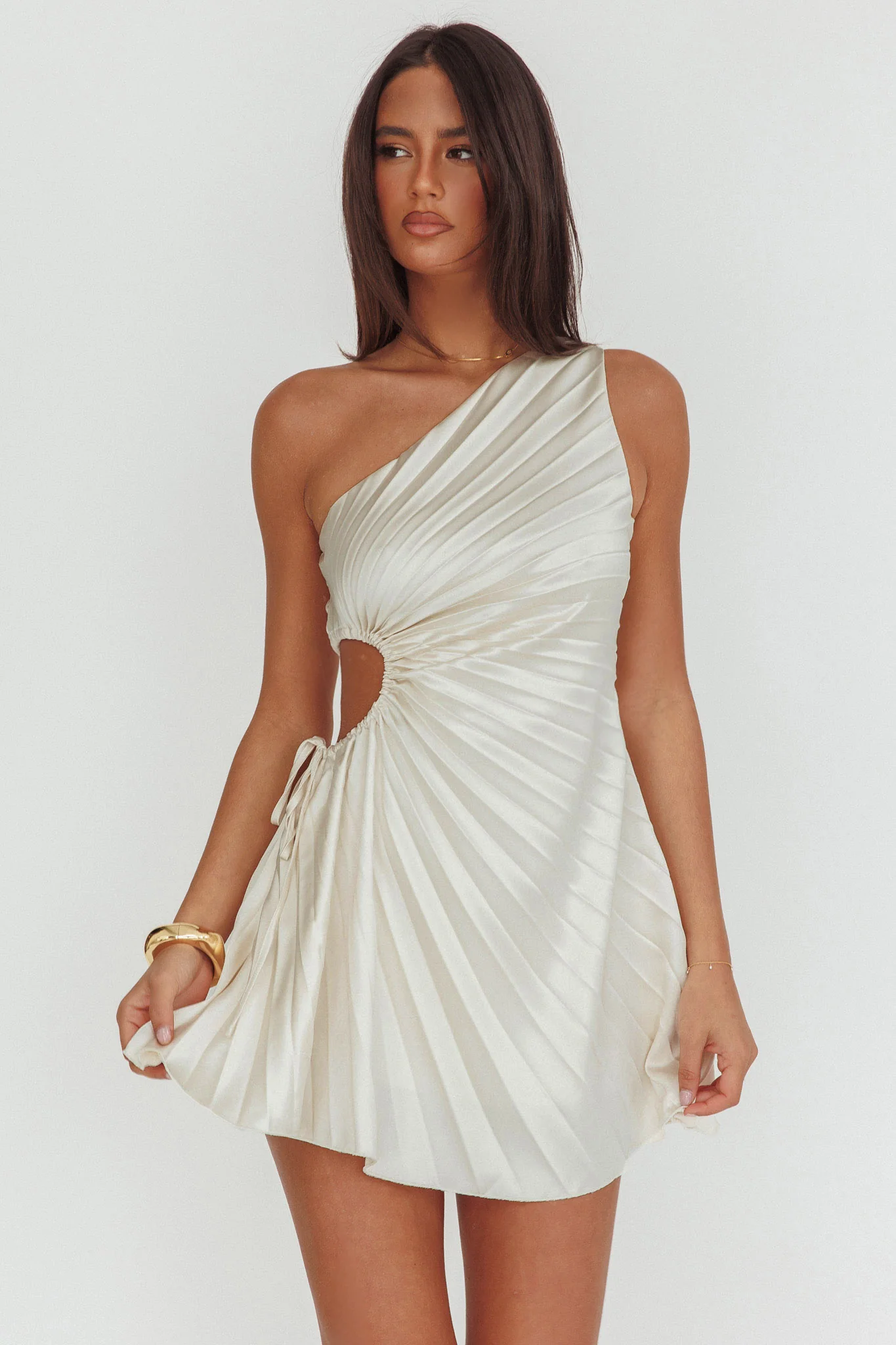 Glow Ray One-Shoulder Pleat Dress Champagne