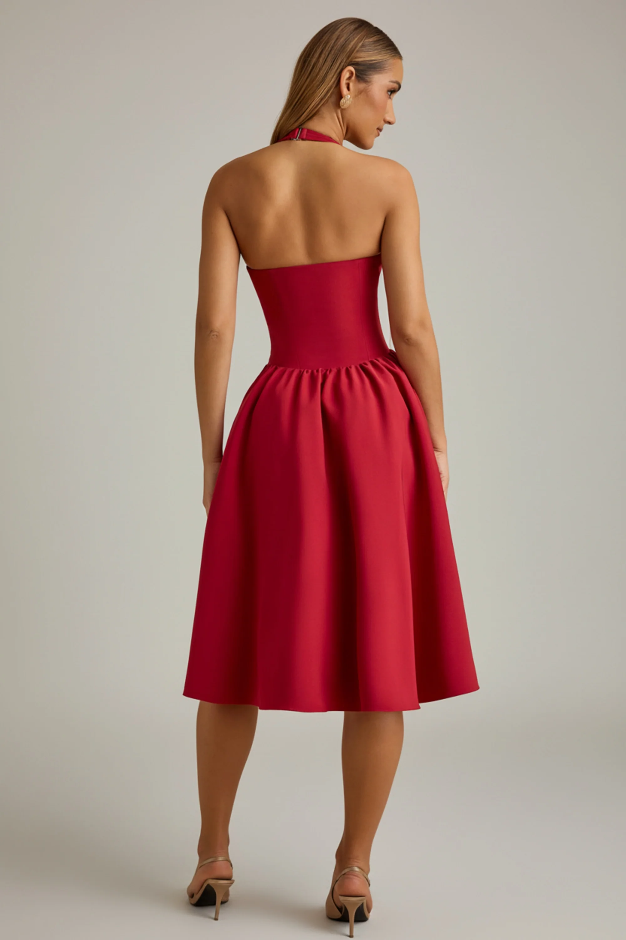 Halterneck Bow-Detail Midi Dress in True Red