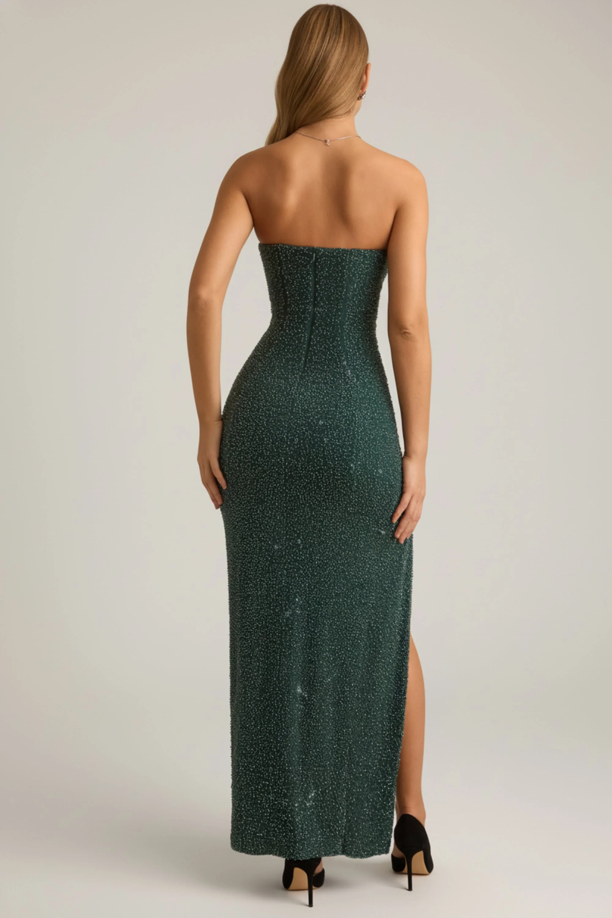 Embellished Strapless Cowl-Neck Maxi Dress in Emerald Green