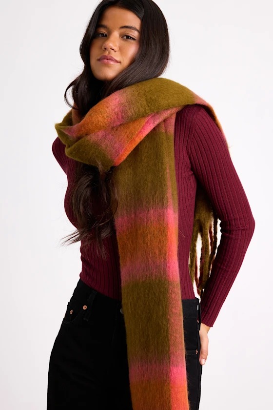 Melton Coral and Olive Plaid Knit Oversized Fringe Scarf