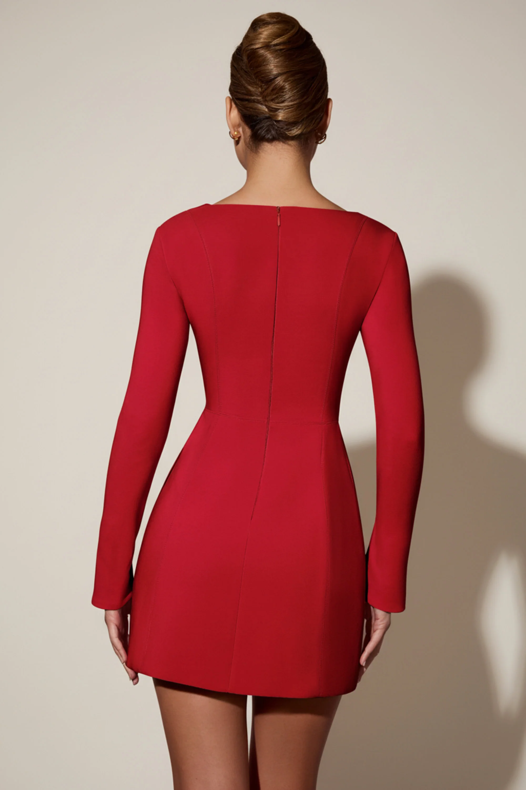 Sweetheart-Neck Long-Sleeve A-Line Mini Dress in Red