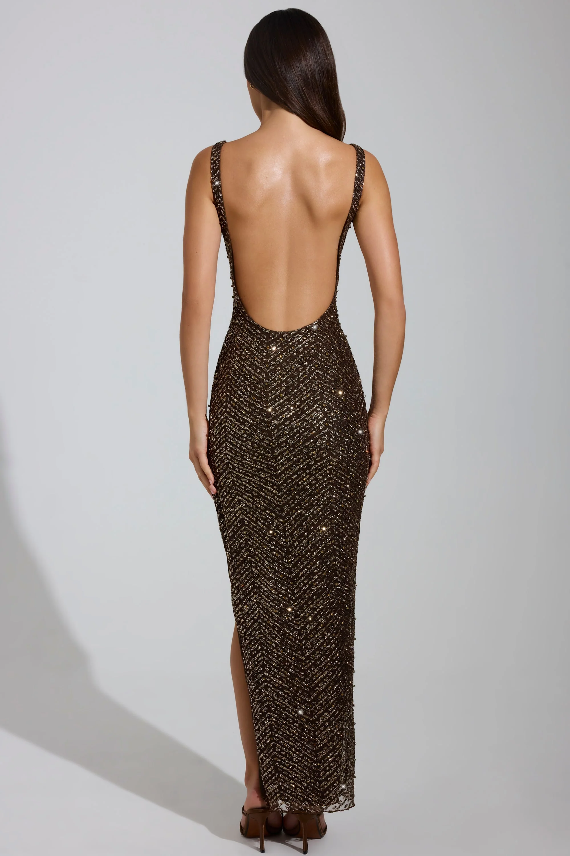 Embellished Scoop-Neck Maxi Dress in Brown