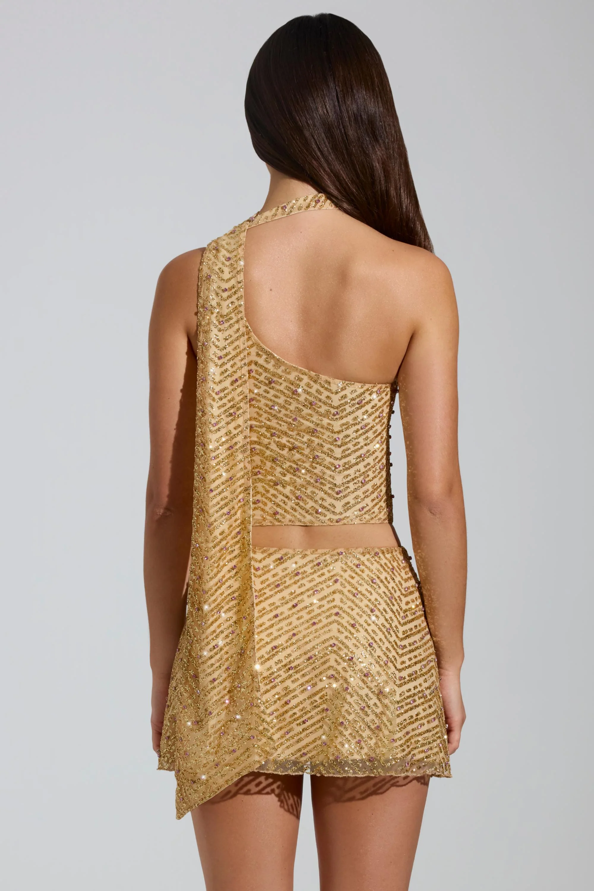 Embellished Low-Rise A-Line Micro Mini Skirt in Gold