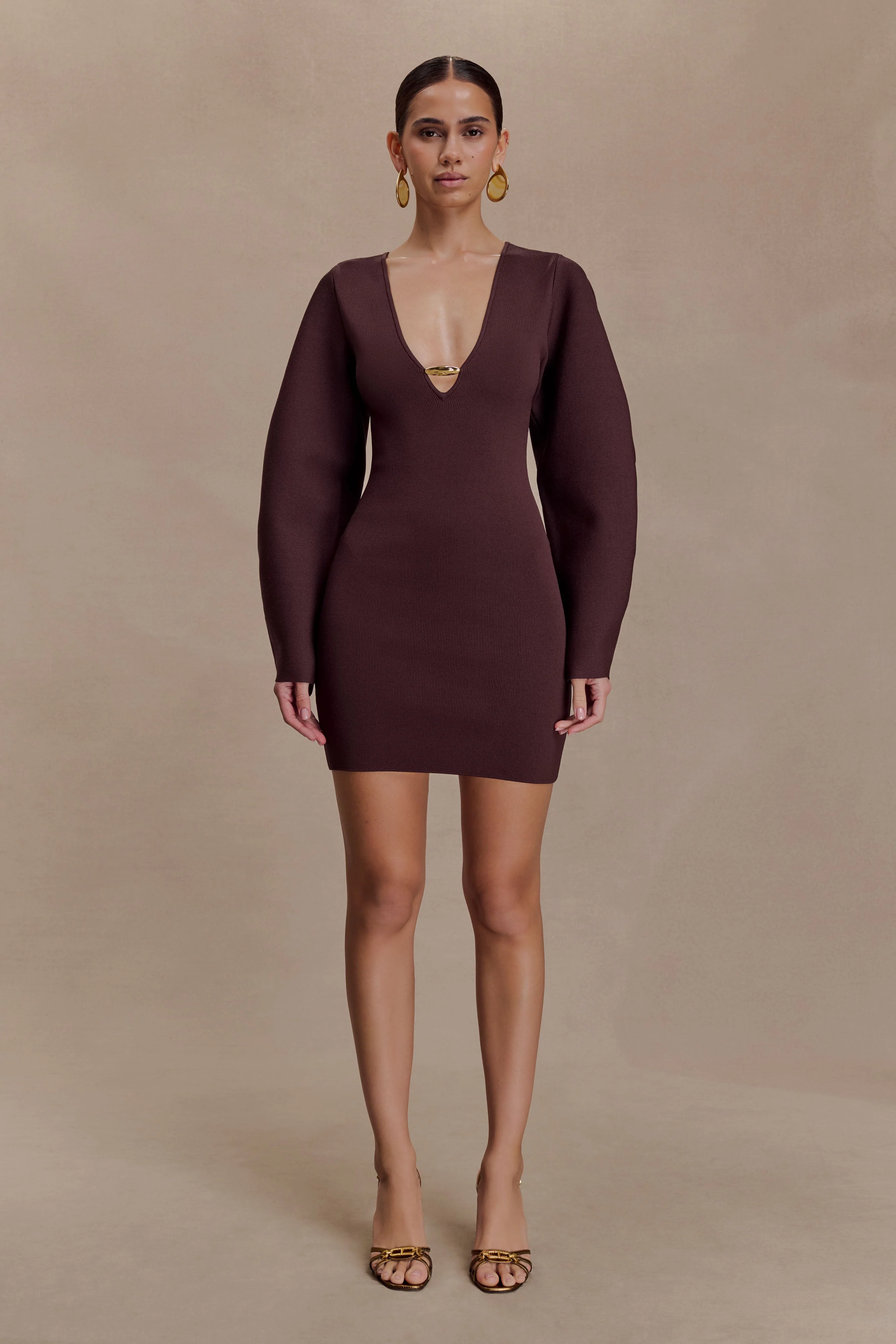 Billy Balloon Sleeve Knit Mini Dress - Dark Chocolate