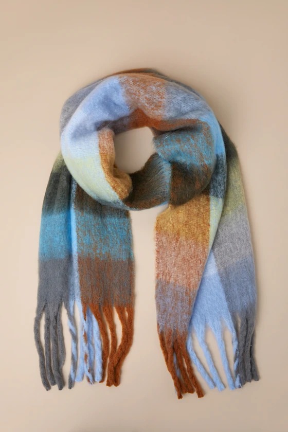 Seasonal Cuteness Blue Multi Plaid Oversized Scarf
