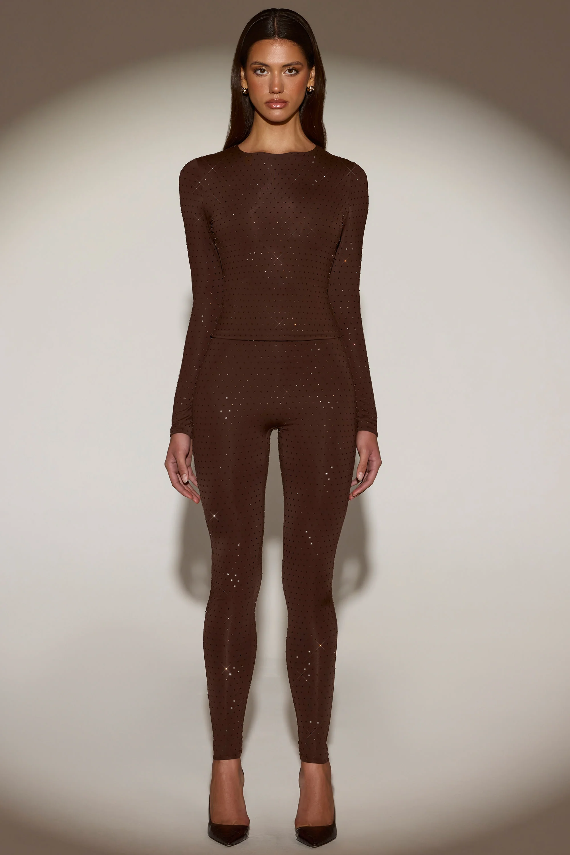 Embellished High-Waisted Leggings in Chocolate Brown
