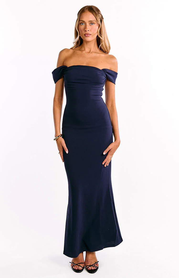 Ella Navy Off Shoulder Crepe Formal Maxi Dress