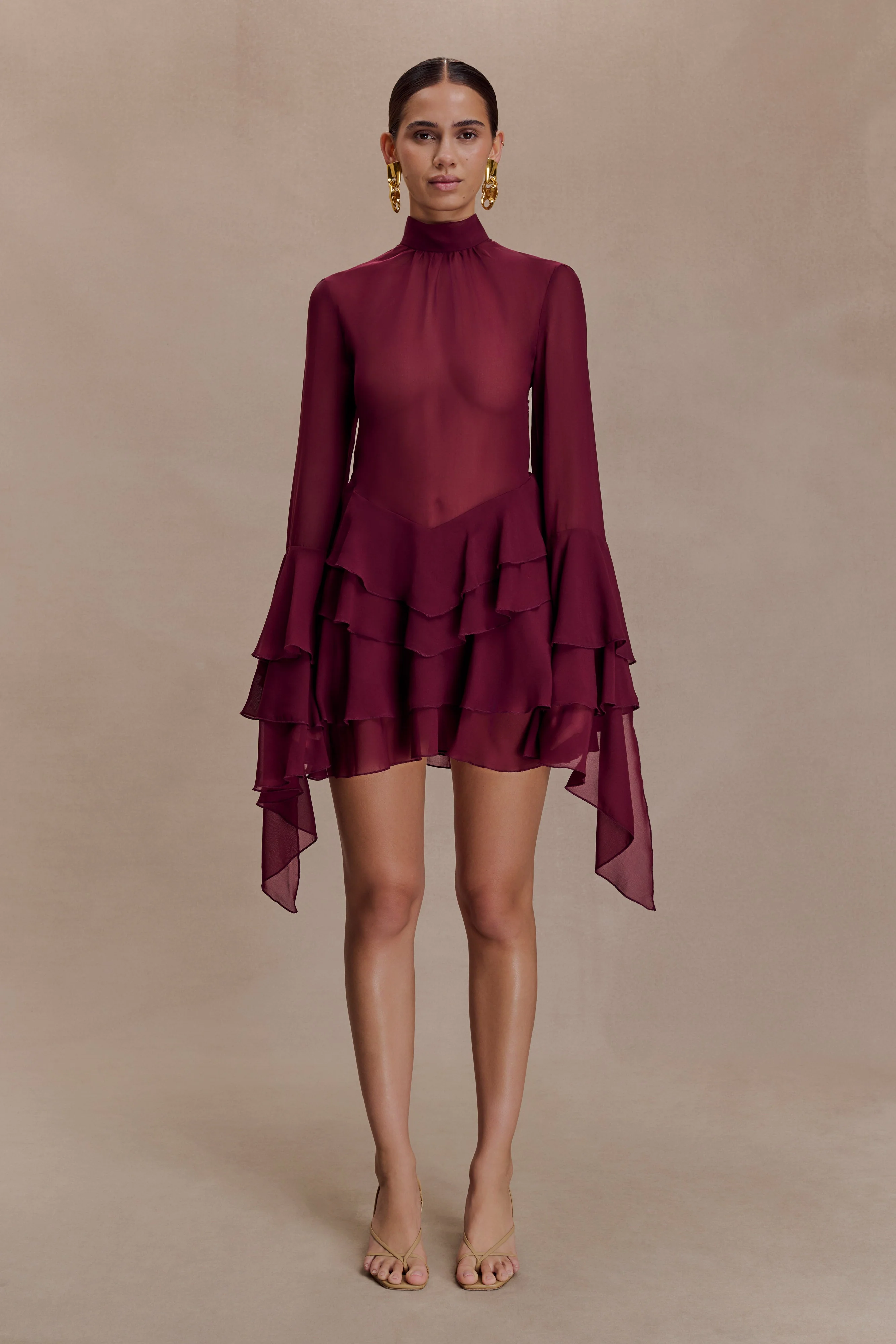 Nimah Chiffon Ruffle Mini Dress - Wine