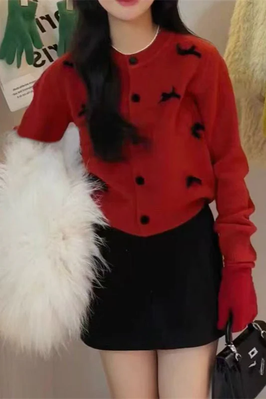 Bow Detail Round Neck Knit Christmas Cardigan