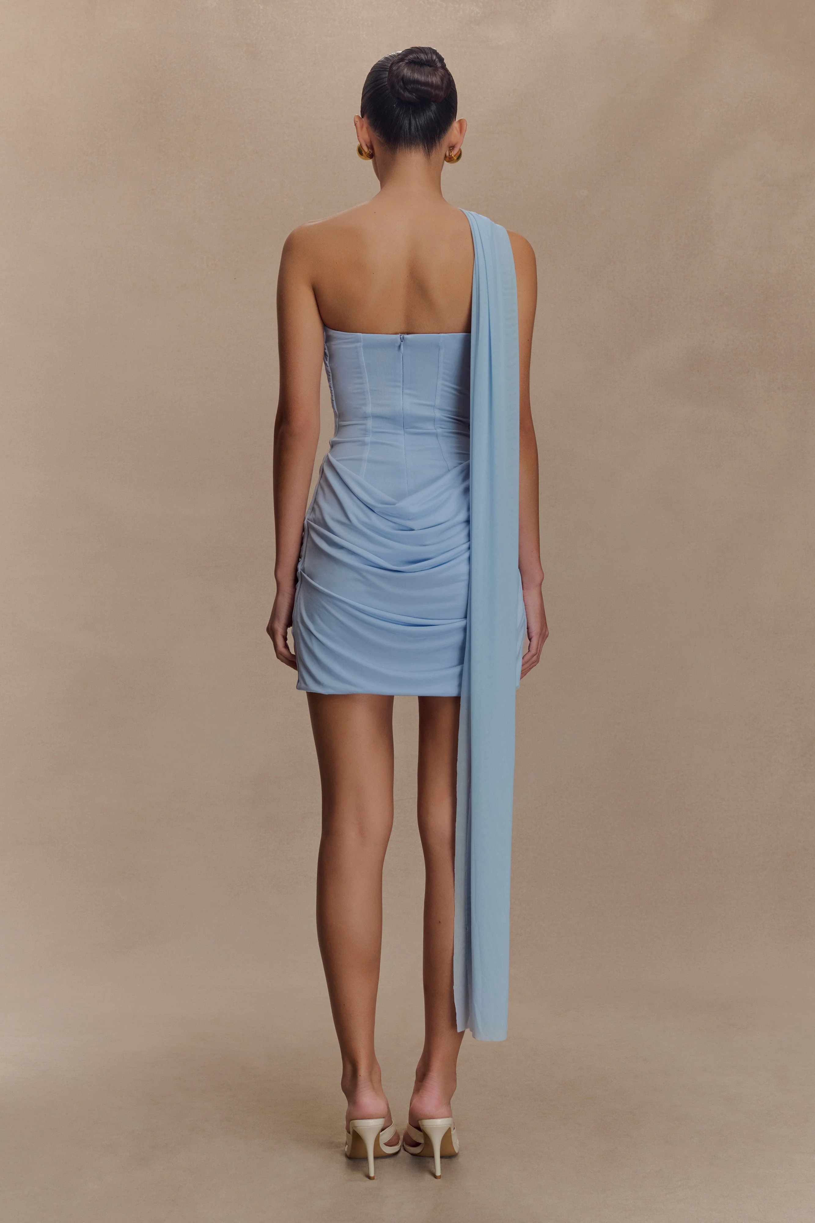 Mattea Slinky And Mesh Mini Dress With Scarf - Powder Blue