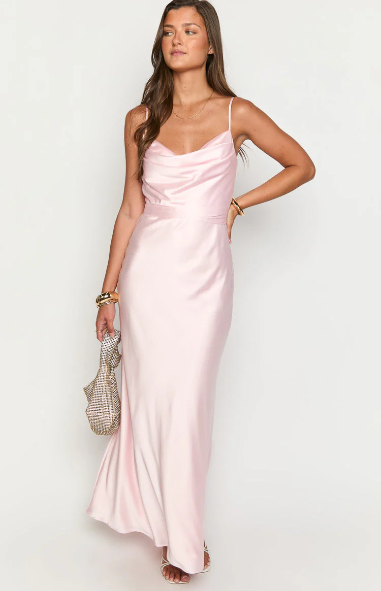 Elma Pink Satin Wrap Tie Maxi Dress