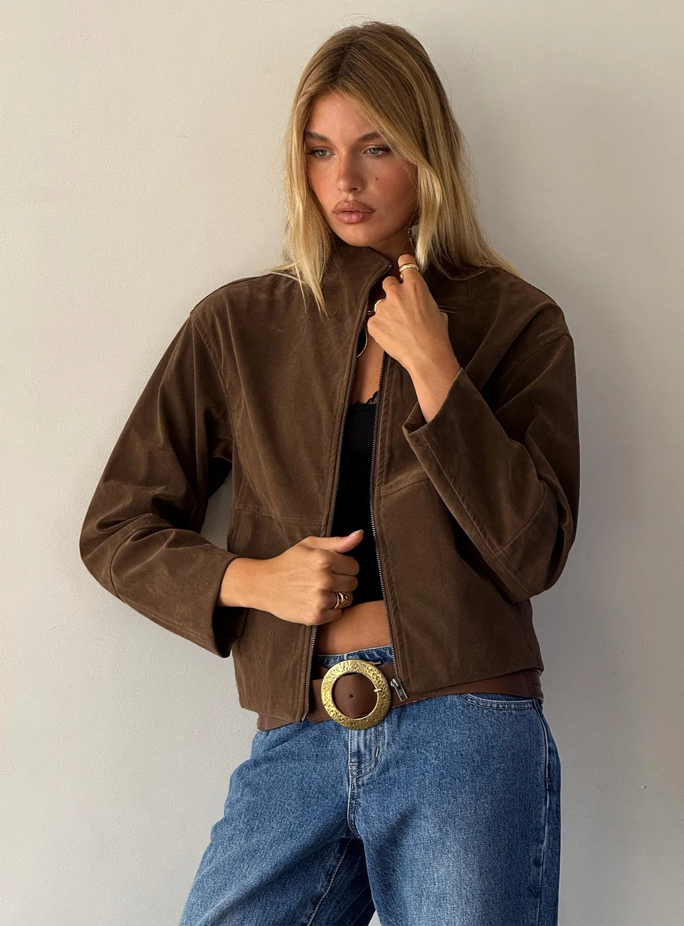 Jessalynn Faux Suede Zip Through Jacket Brown