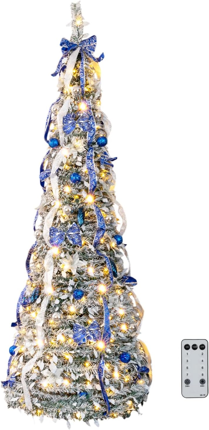 VINGLI 7ft Pre-Decorated Pop-Up Pencil Christmas Tree, Flocked with 200 Lights in Blue & Silver Theme. Collapsible for Easy Storage, Holiday & Party Decor