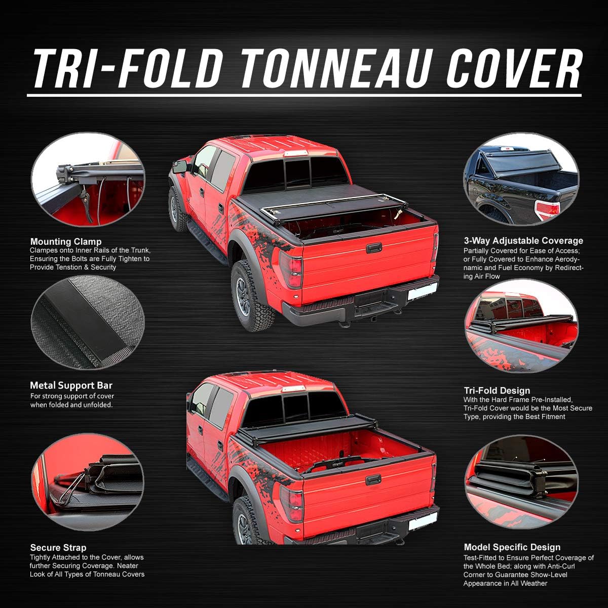 DNA Motoring TTC-TRISOFT-010 Pickup Truck Bed Soft Tri-Fold Adjustable Tonneau Cover Compatible with 04-14 Ford F150 8Ft Fleetside / Styleside Bed
