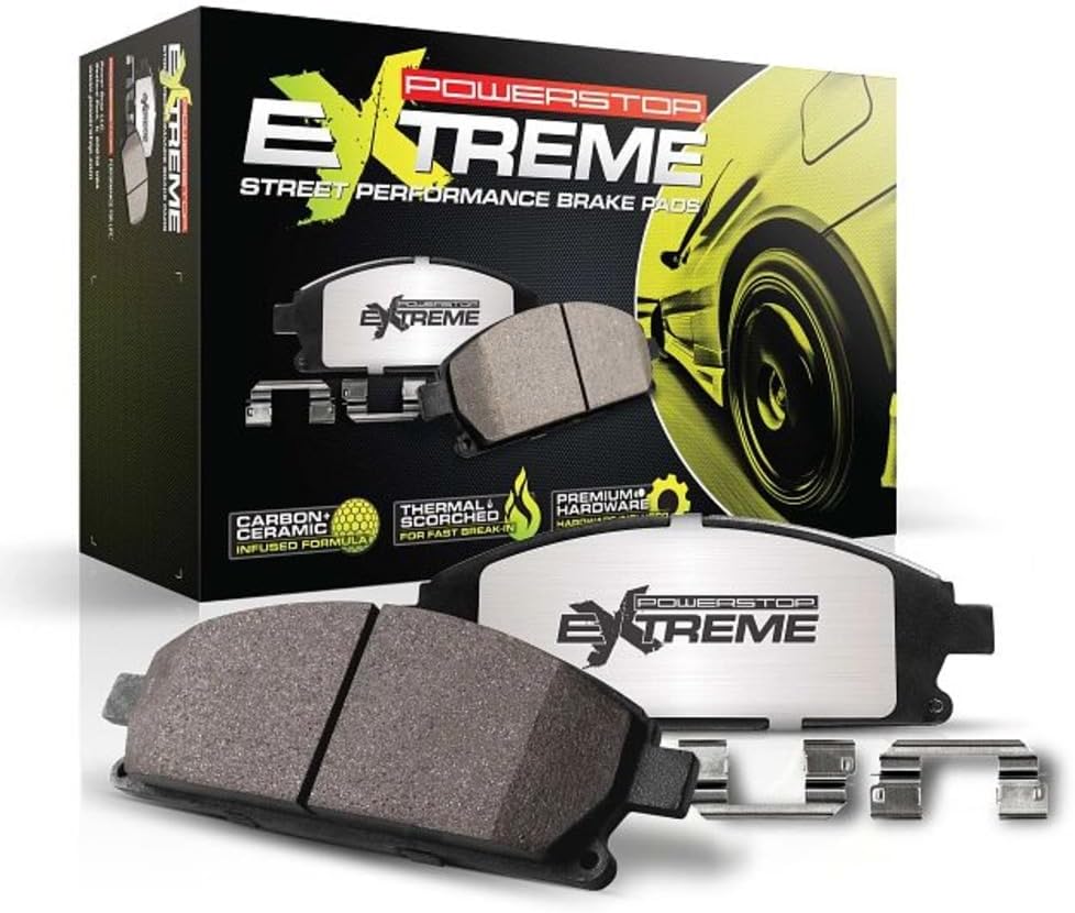 Power Stop Rear Carbon-Fiber Ceramic Brake Pads For 2004-2007 Cadillac CTS, 2010-2015 Chevy Camaro, 2006-2010 Dodge Charger, 2008-2023 Challenger, 2012-2017 Jeep Grand Cherokee, 2012-2021 Tesla S