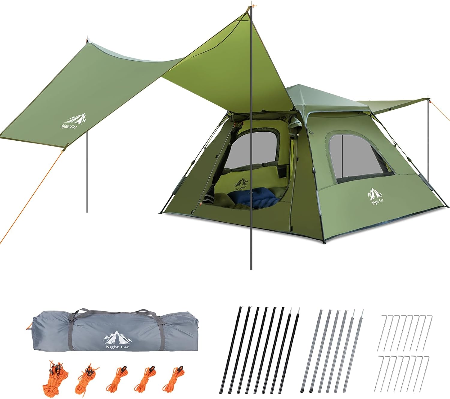 Night Cat 3-Person Instant Cabin Tent with Canopy Tarp, 2-in-1 Canopy Tent, Easy Setup, Waterproof, Green