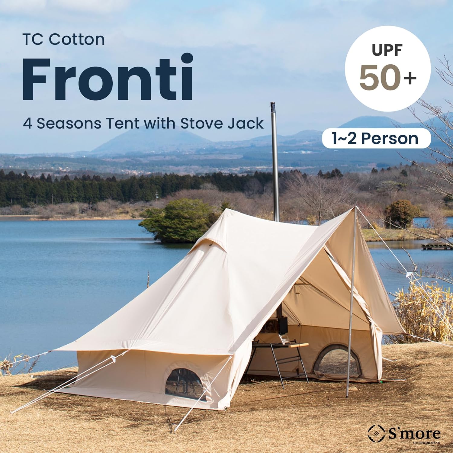 S'More Fronti Canvas Camping Tent - 2 Person, 4 Season, Weather Resistant Glamping Tent with Stove Jack for Car Camping & Hiking