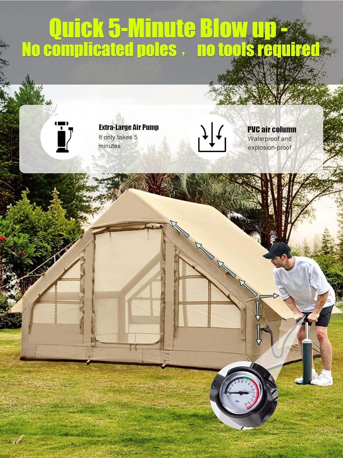 Inflatable Tents for Camping - Easy Blow Up Glamping Tent with Hand Pump, Waterproof PVC Air Inflatable Tent House for Family Weekend Camping