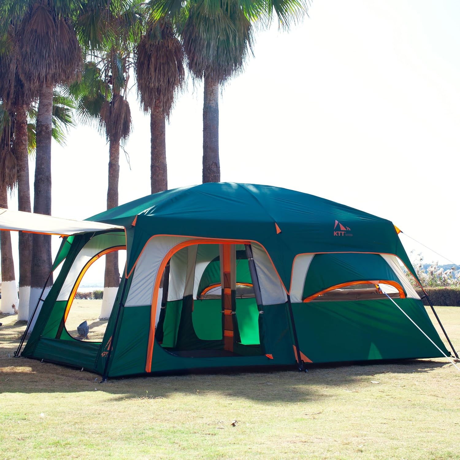 KTT Large Family Cabin Tent 10-12 Person,14.1X10X6.58ft,2 Rooms,3 Storage Pockets,2 Bay-Windows 3 Doors and 3 Windows with Mesh,Straight Wall,Waterproof,Double Layer,Big Tent for Outdoor,Camping