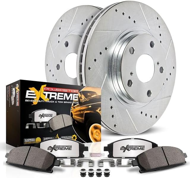Power Stop Front Brake Kit For 2023 2024 Toyota Sequoia 2022 2023 2024 Toyota Tundra - Truck & Tow Carbon Fiber Ceramic Brake Pads & Drilled and Slotted Rotors Replacement, K8932-36
