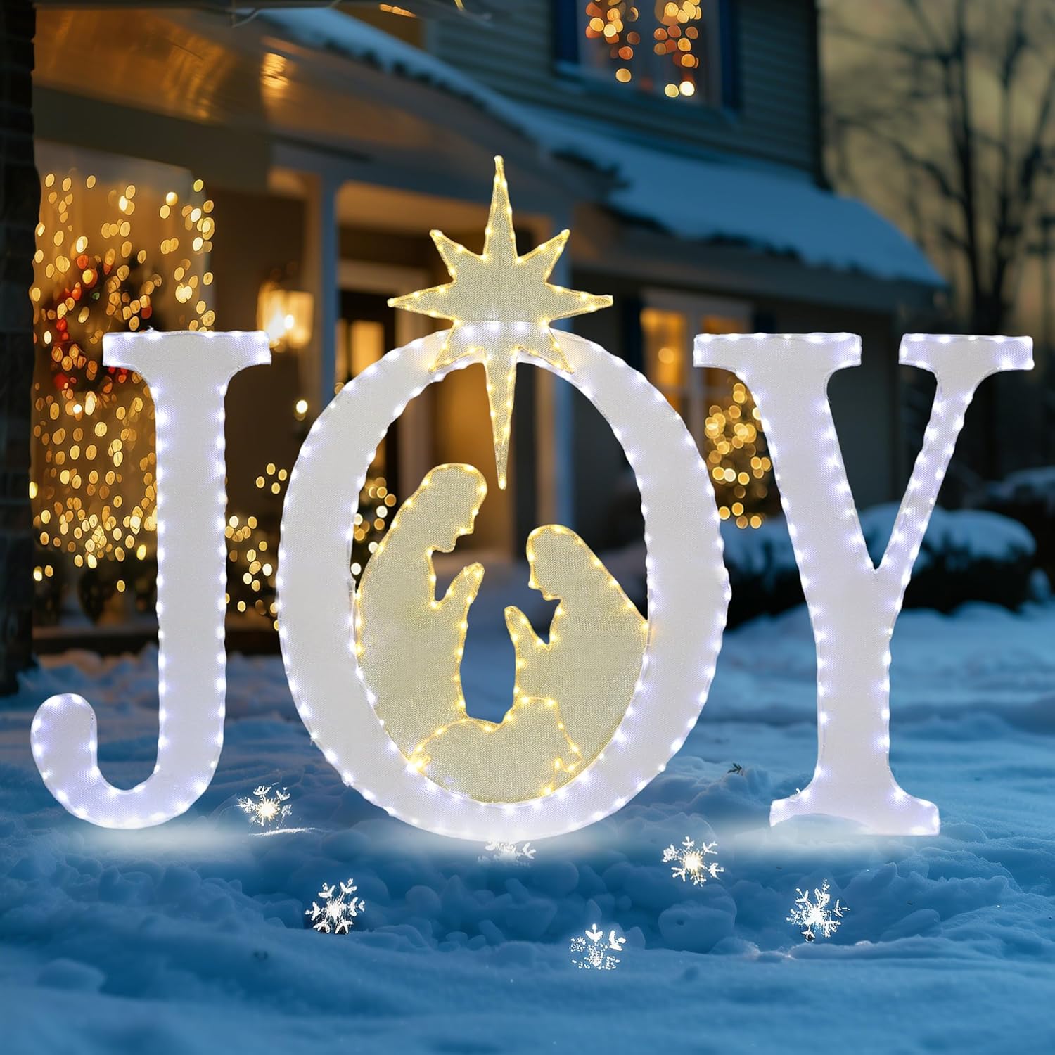 49-Inch Large Outdoor Christmas Decorations Joy Lighted Sign Outdoor Nativity Scene Christmas Yard Signs Holiday Decoration Weather Resistant 350 LED Lights Nativity Joy Hang/Stand for Porch Indoor