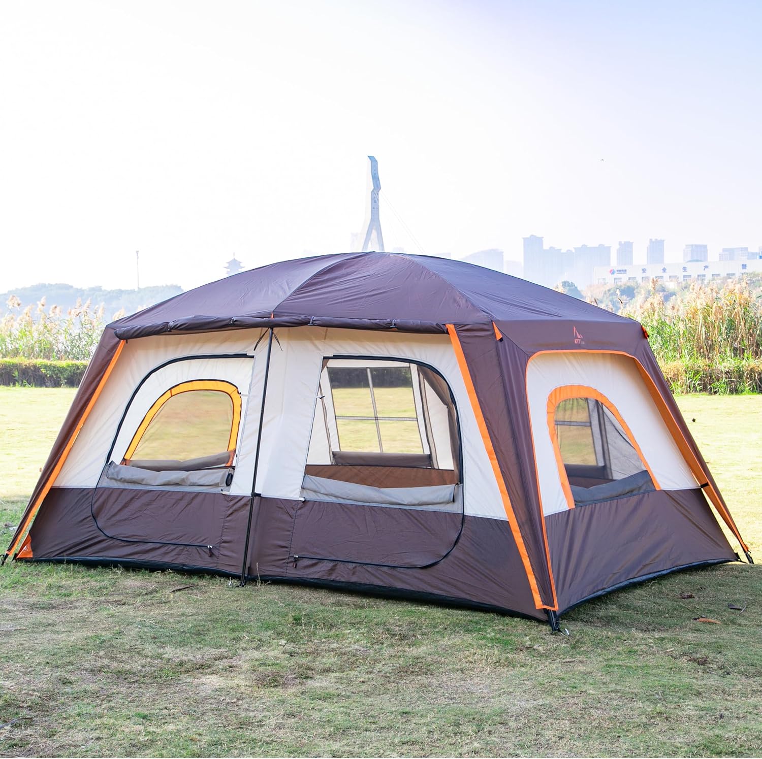 KTT Large Family Cabin Tent 10-12 Person,14.1X10X6.58ft,2 Rooms,3 Storage Pockets,2 Bay-Windows 3 Doors and 3 Windows with Mesh,Straight Wall,Waterproof,Double Layer,Big Tent for Outdoor,Camping