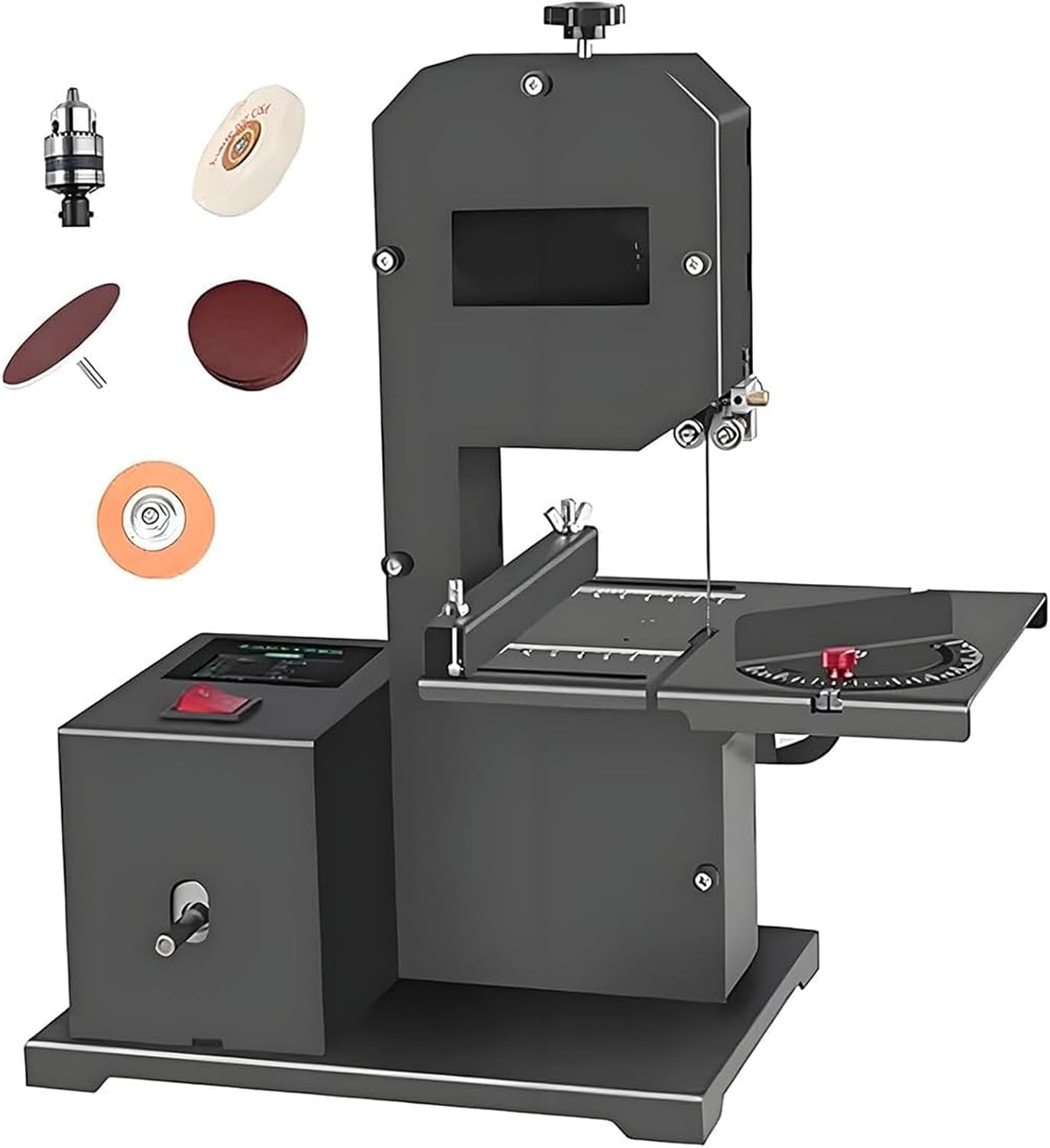 Professional benchtop bandsaw for small workshops, 800W 230V motor, 70mm cutting height, tilting metal table (0-45°), wood splitter