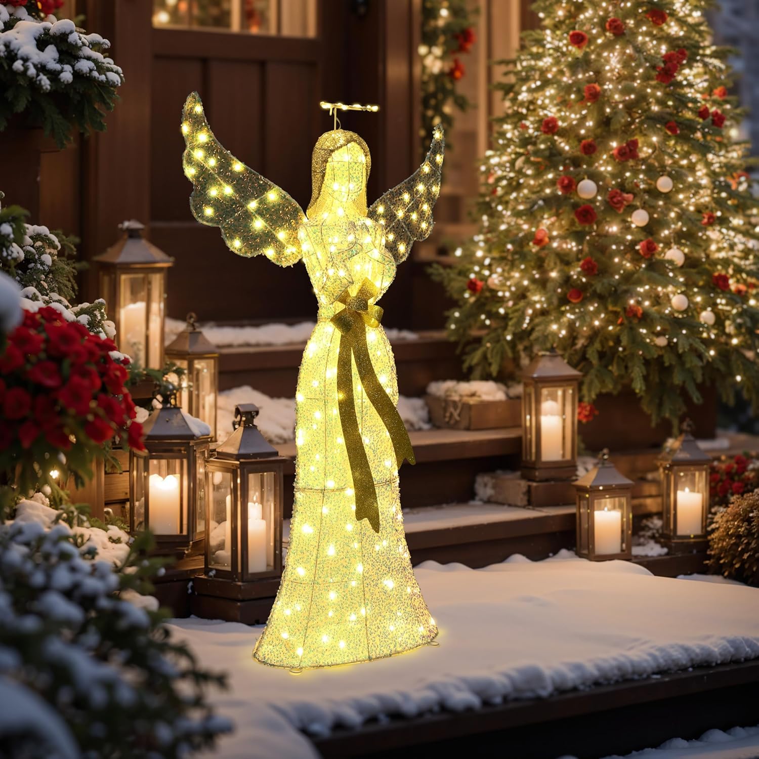 LuxenHome 4FT Lighted Angel Outdoor Christmas Decorations, Angel with Halo Christmas Yard Decorations with 190 LED Lights, Illuminated Holiday Angel Figure for Xmas Lawn, Front Porch, Garden Decor