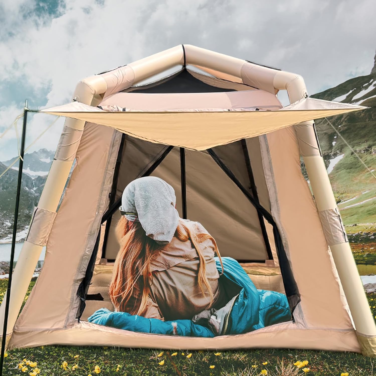 JUST-V Inflatable Camping Tent Waterproof Oxford Air Glamping Tents for Camping Adult 2-4 Person Outdoor Air Blow Up Tent with Hand Pump