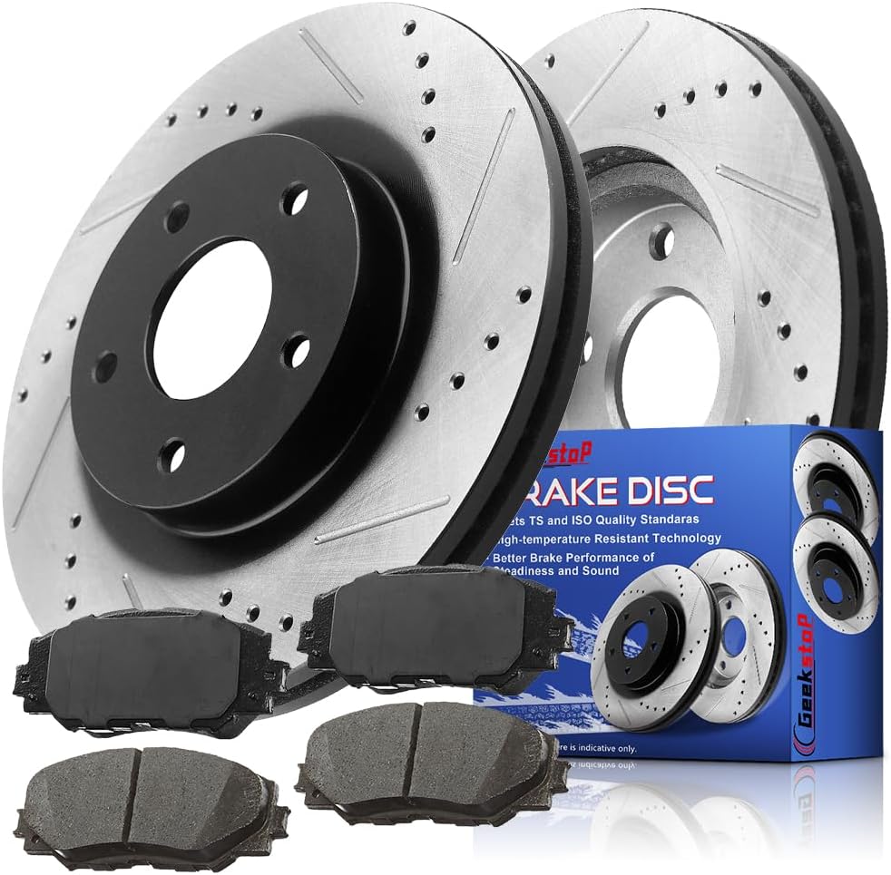 Front Brake Rotors and Pads for 2006-2018 Toyota Rav4, 2012-2017 Toyota Prius V, 2008-2015 Scion xB, 2010-2012 Lexus HS250H Drilled and Slotted E-Coating Disc Brake Rotors Ceramic Brakes Pads