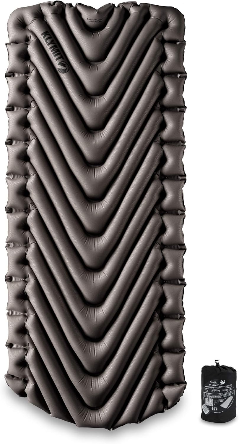 Klymit Static V Luxe Sleeping Pad, Lightweight Lofted Camping Air Mattress for Tents and Cars with Body Mapping Tech, 3 In Thick Grey
