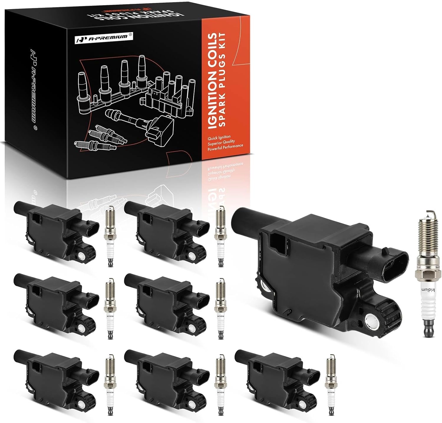 A-Premium Set of 8 Ignition Coil Pack and Iridium Spark Plugs Compatible with Chevrolet Silverado, Tahoe, Camaro, Suburban, Corvette & GMC Sierra, Yukon & Cadillac Escalade, CTS