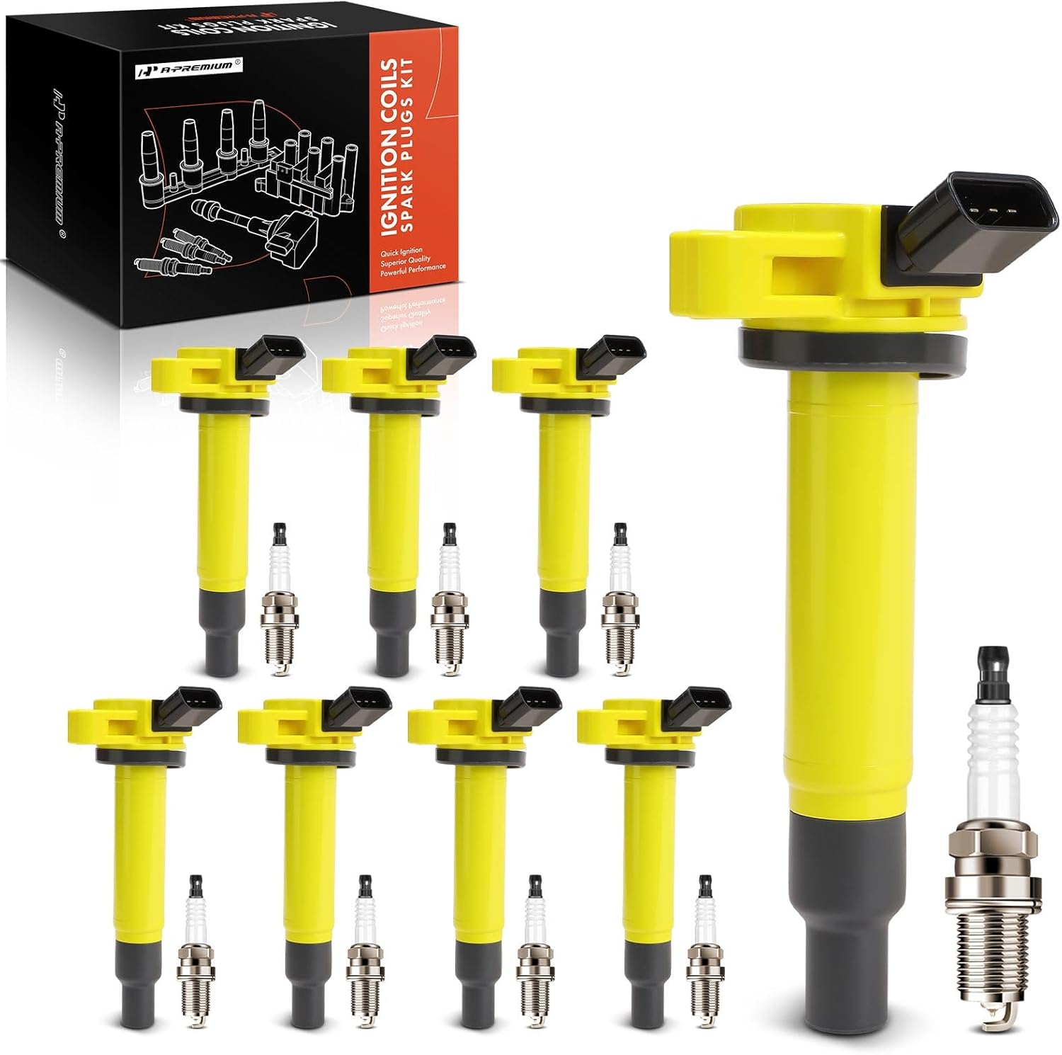 A-Premium (Yellow) Set of 16 Ignition Coil Pack and Iridium Spark Plugs Compatible with Toyota Tundra 2000-2009, 4Runner 2003-2009, Sequoia, Land Cruiser & Lexus SC430, GS430, GX470, LS430, LX470