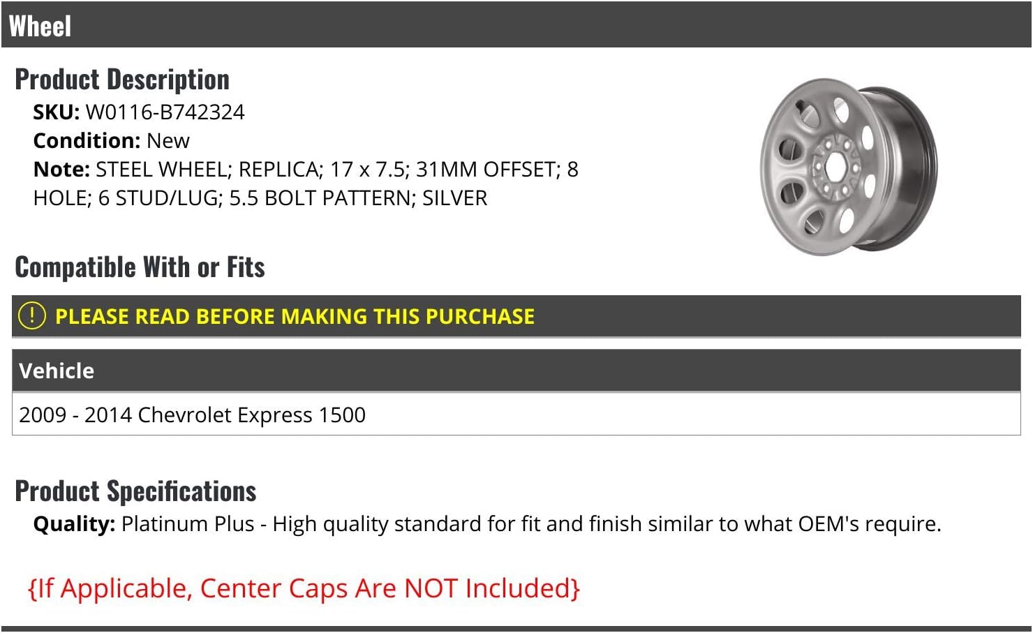 Steel Wheel - 17 x 7.5 Inch - 8 Hole - Silver - Compatible with 2009-2014 Chevy Express 1500