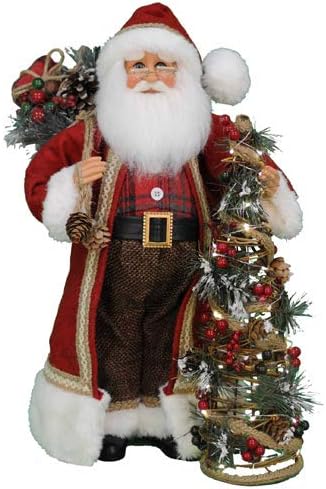 Karen Didion Originals Lighted Woodland Pine Santa Figurine, 17 Inches - Handmade Christmas Holiday Home Decorations and Collectibles