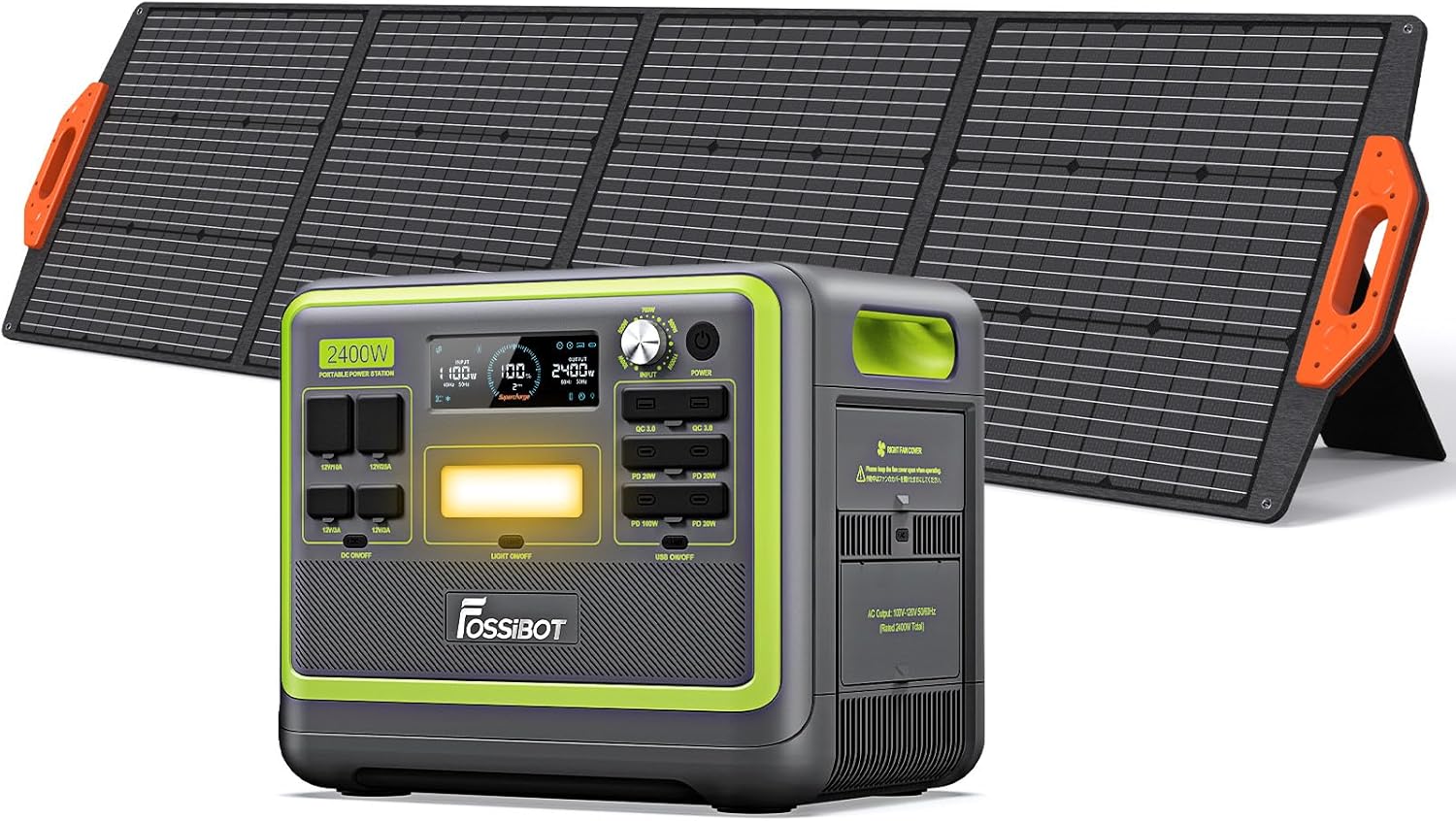 FOSSIBOT F2400 Power Station with 200W Solar Panel, 2400W 6XAC (4800W Peak), Solar Generator 2048Wh / 1.5H Fast Charging/ 16 Outputs, LED for Home Use Outdoor Camping RV Emergency
