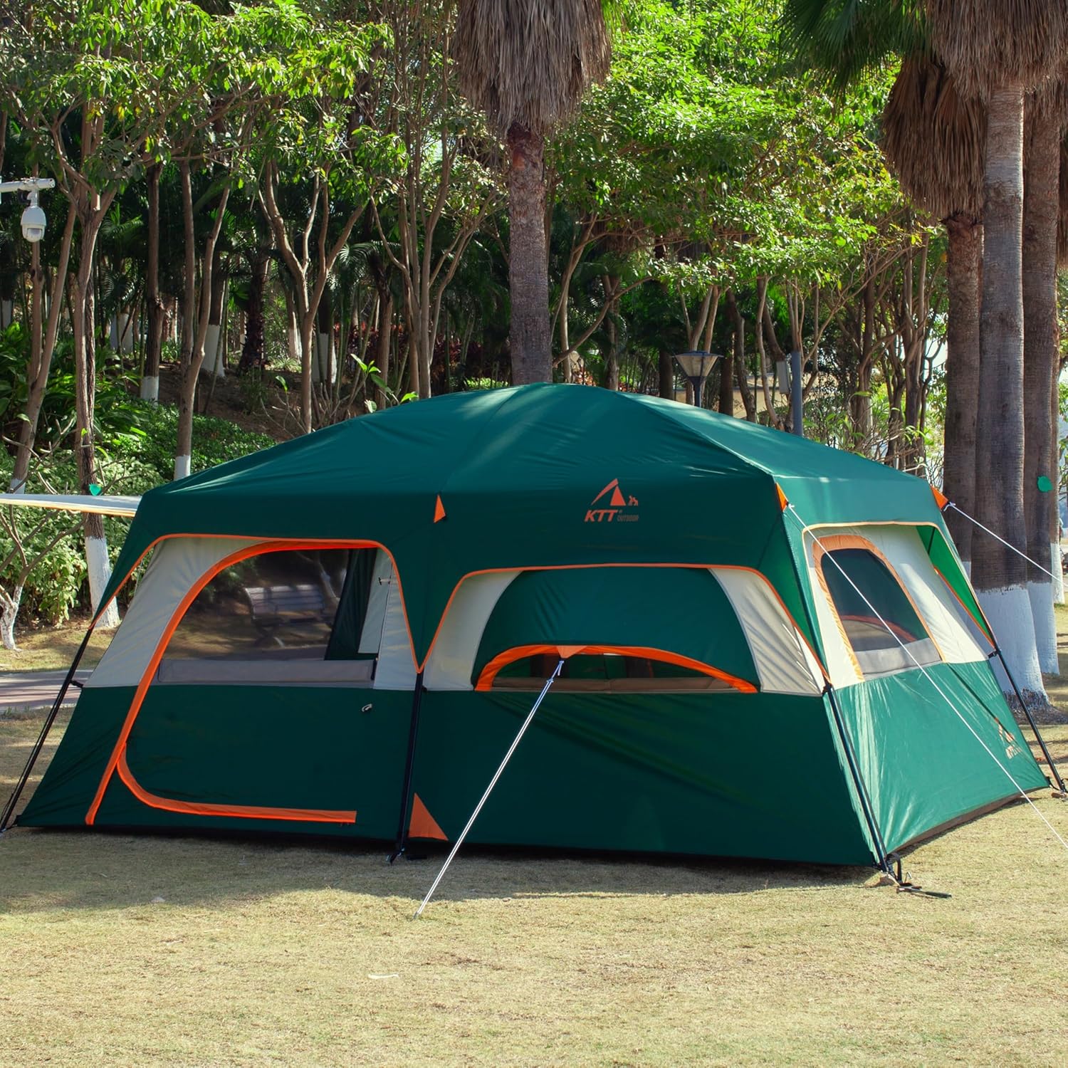 KTT Large Family Cabin Tent 10-12 Person,14.1X10X6.58ft,2 Rooms,3 Storage Pockets,2 Bay-Windows 3 Doors and 3 Windows with Mesh,Straight Wall,Waterproof,Double Layer,Big Tent for Outdoor,Camping