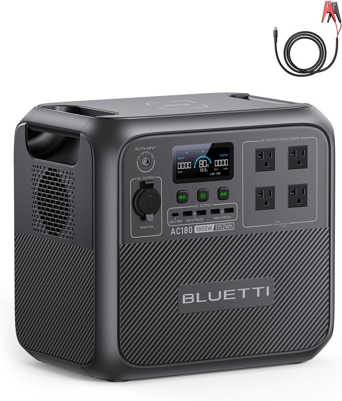 BLUETTI AC180 Solar Generator with 200W Solar Panel (Ships Separately), 1152Wh Portable Power Station w/ 4 1800W (2700W Surge) AC Outlets, LFP Power for Outdoor Camping, Trip, Power Outage